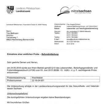 Ohne Beanstandung - Lebensmittelüberwachung des Landkreises Mittelsachsen prüfte unsere Wachteleier lebensmittelüberwachung wachteleier landratsamt Prüfbericht der Lebensmittelüberwachung zu unserern Wachteleiern